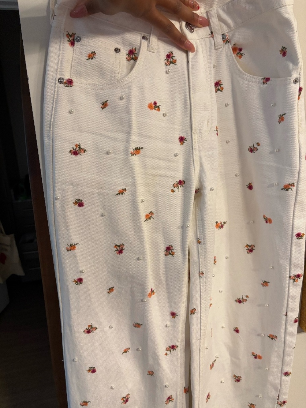 Sydnee Coordinating Floral Embroidered Pearl Embellished Relaxed Fit Jeans